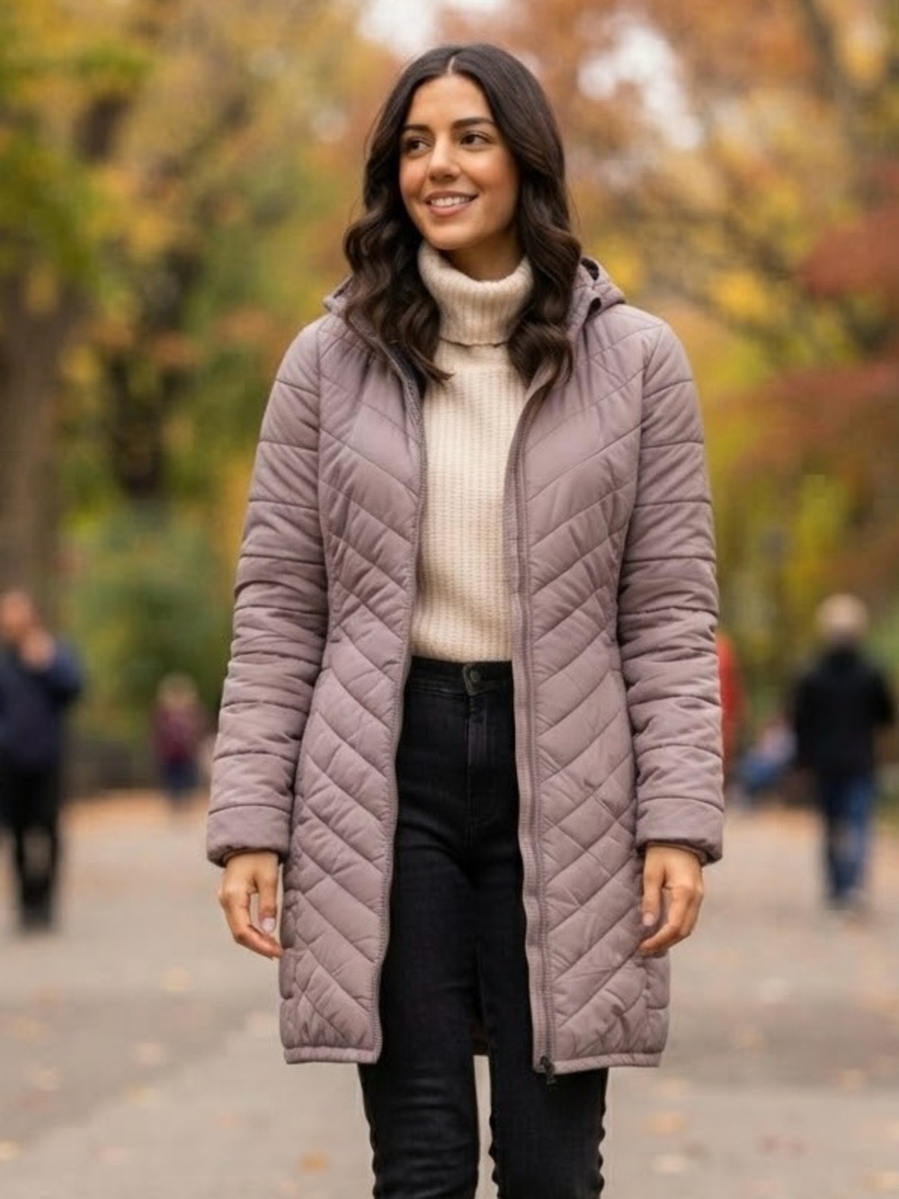Kyodan Quilted Hooded Puffer Coat Mauve Dusty Pink Taupe Jacket Quite Luxury S